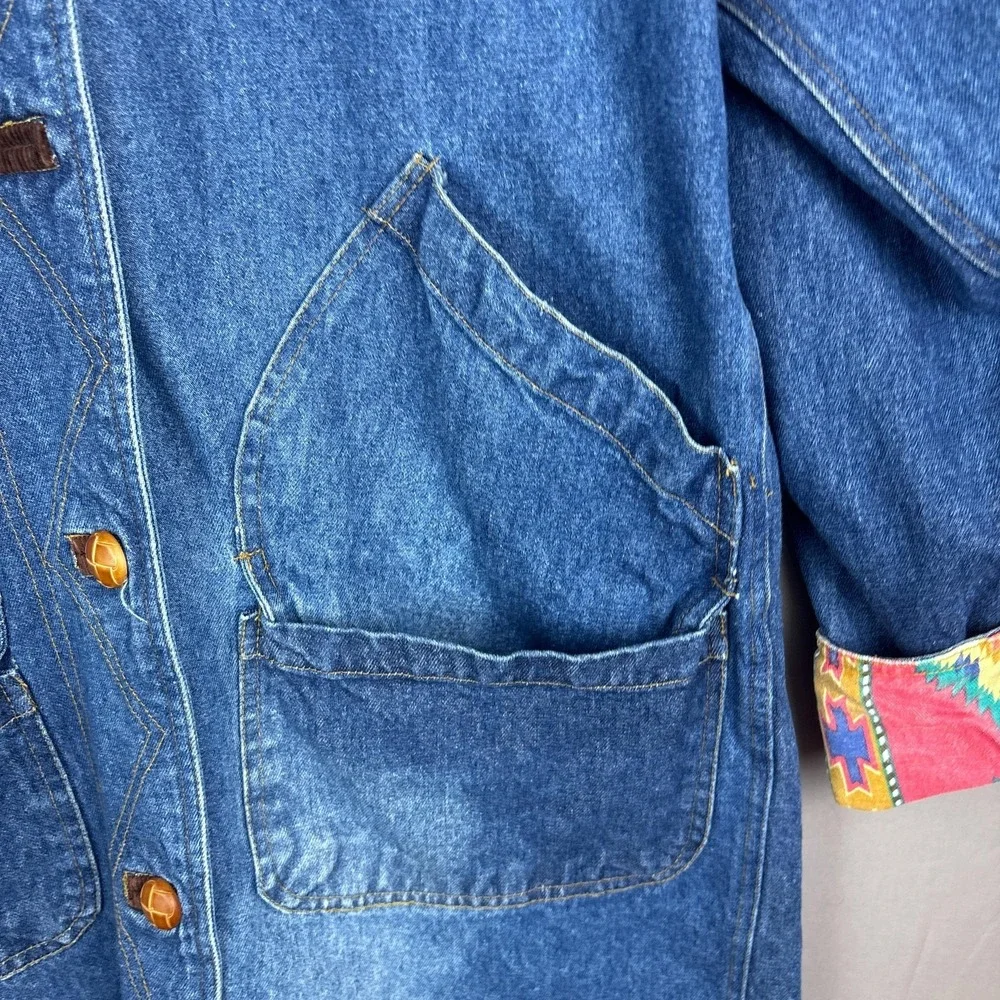 Vintage Timberwolf Denim Overcoat Womens Small Blue Aztec Corduroy Collar Long - Picture 4 of 10